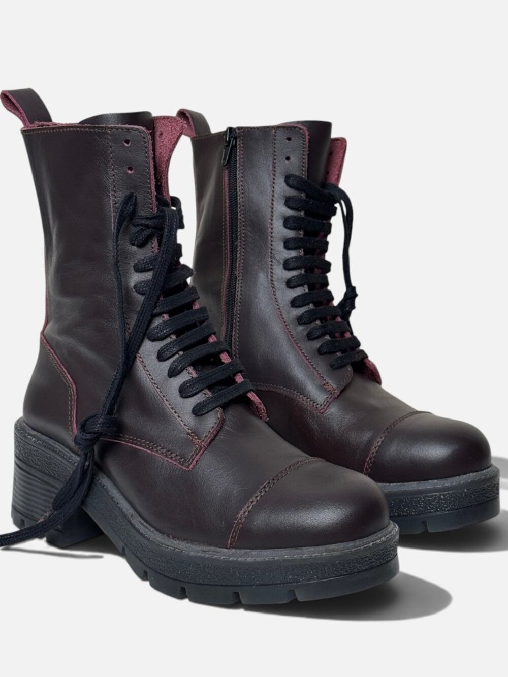 ZARA BURGUNDY LACE UP MOTO COMBAT BOOTS LEATHER 90's UTILITARIAN NEW 37 6.5